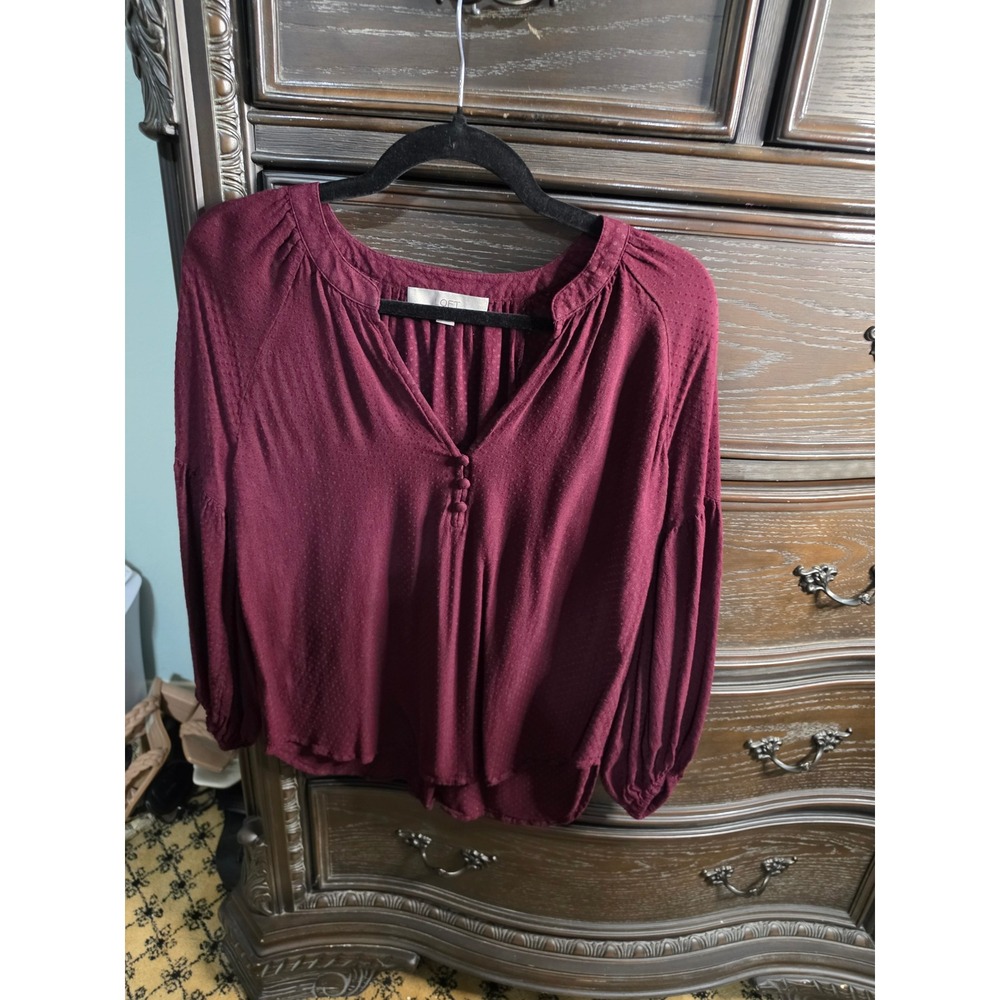 LOFT Burgundy Clip Dot V-Neck Balloon Sleeve Blouse Womens Small Maroon Top